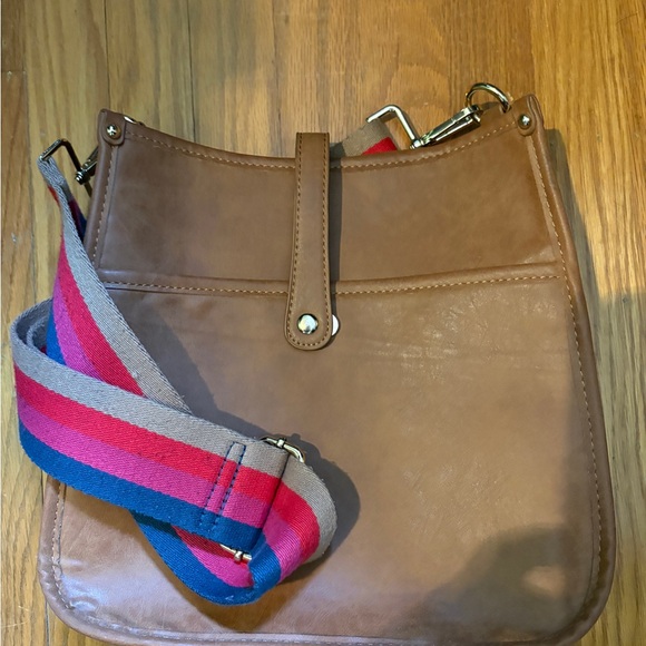 Brown Crossbody Bag with Striped Adjustable Strap - Picture 8 of 10